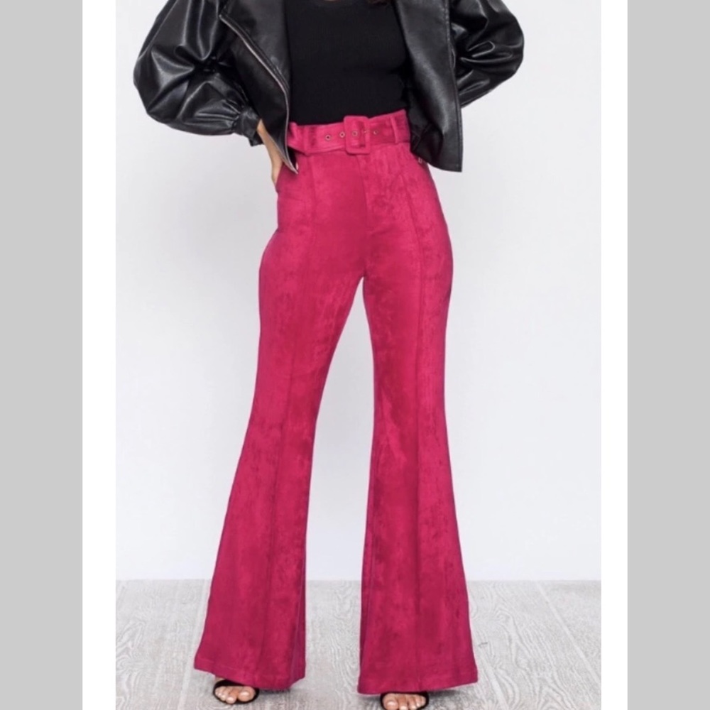 Faux suede high waist belted trousers